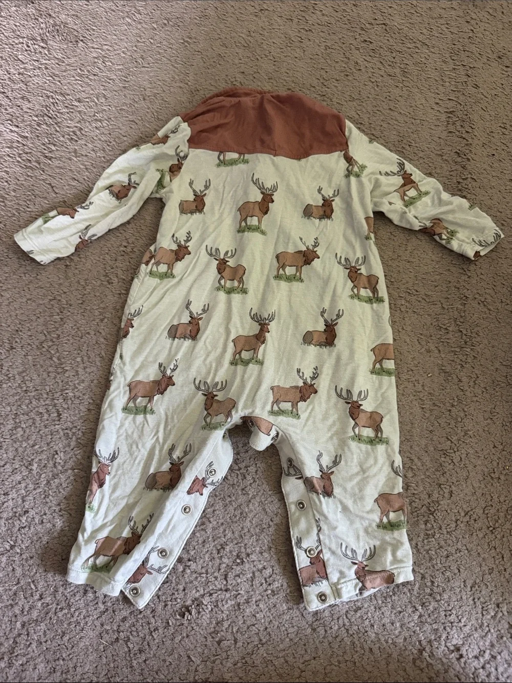 Angel Dear Green Deer Print One-Piece Bodysuit with Brown Collar